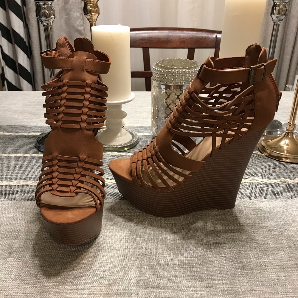 Brown Suede platform gladiator heels